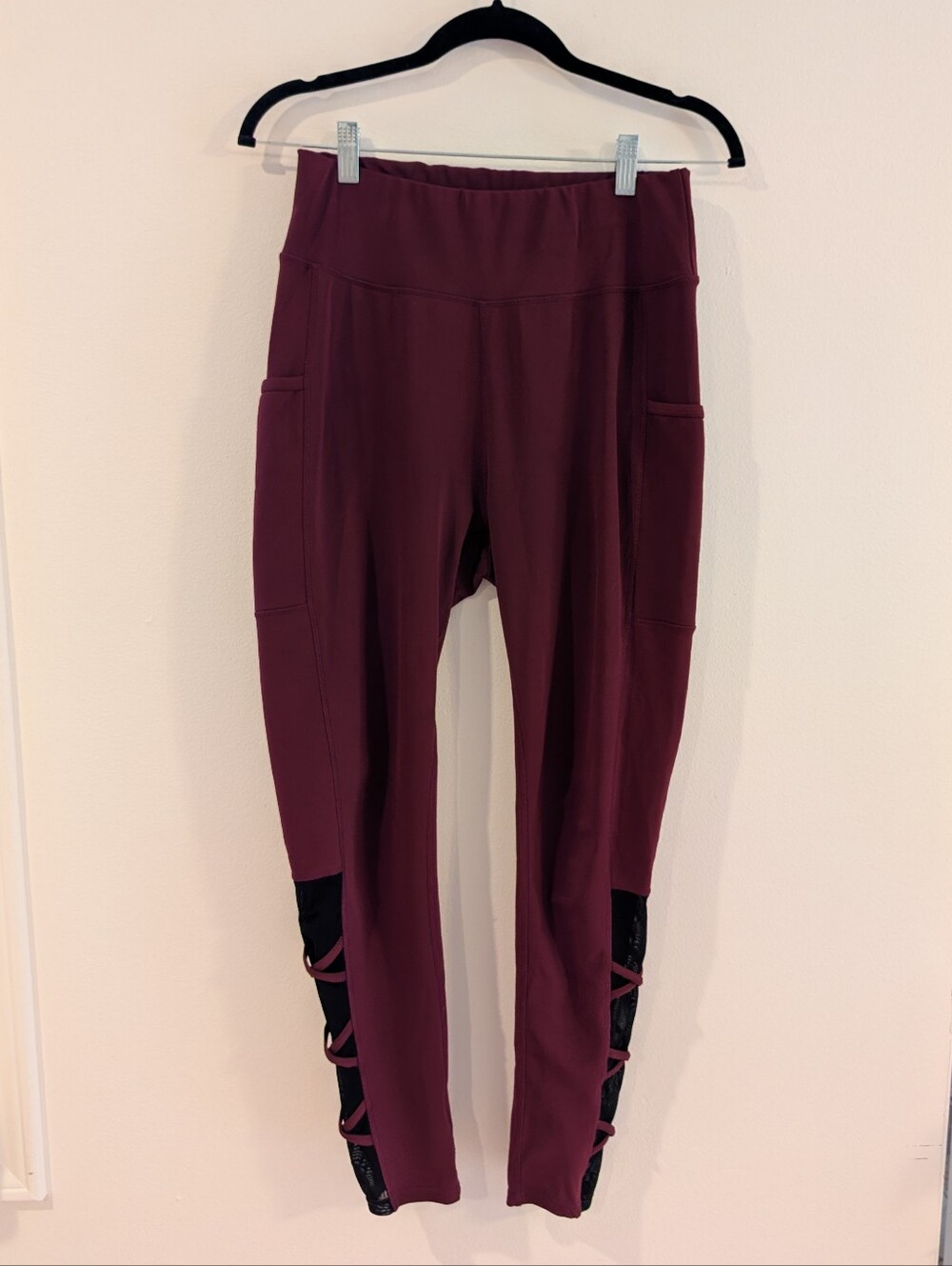 POP Fit Burgundy Leggings with Black Lace-Up Panels